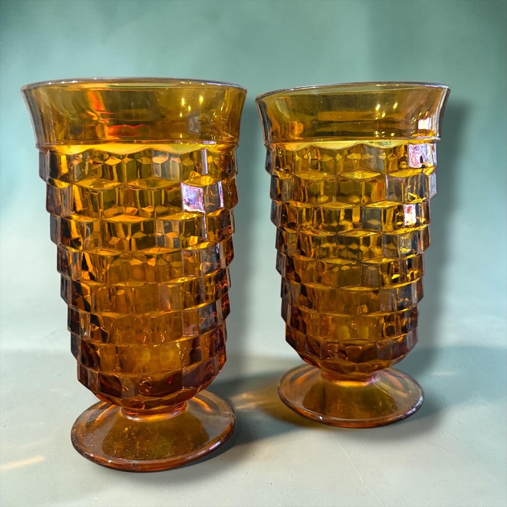 Vintage Amber Glass Footed Tumblers Set of 2‎ Diamond Point Waffle 6 in MCM